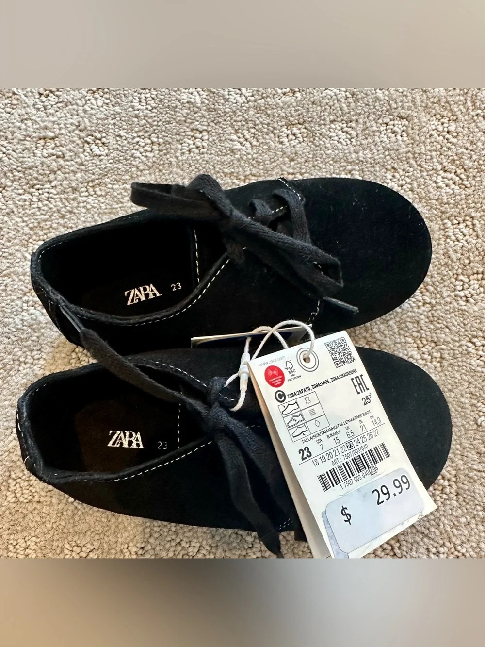 NWT Zara Baby Black Oxford Shoes Lace Up Unisex Toddler Size 23 EU Dress Shoes